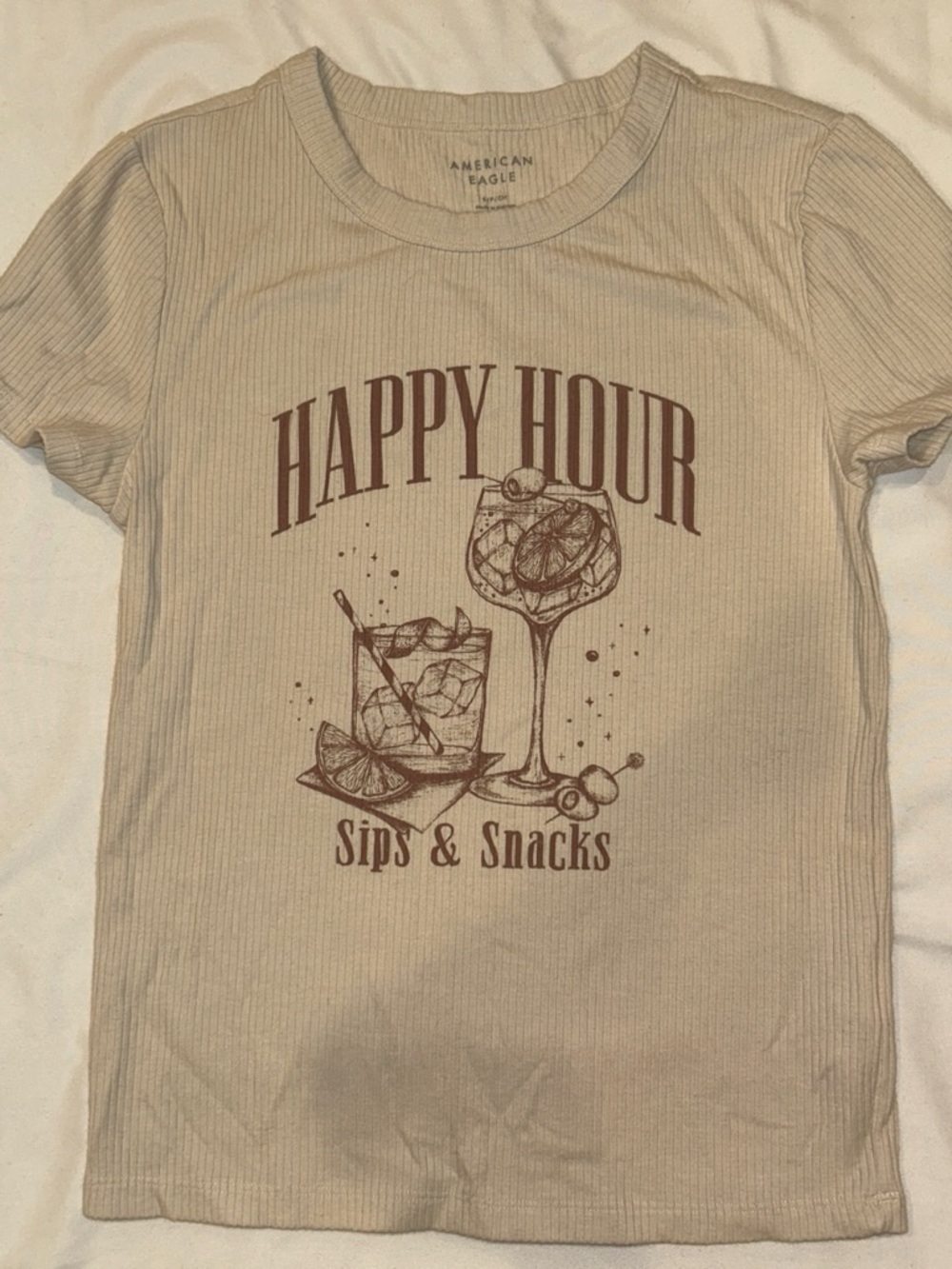 American Eagle Outfitters Ribbed Crew Tee in Beige with Dark Print